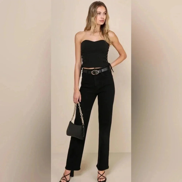 Lulus Adoring Allure Black Strapless Lace Up Bustier Crop Top - Picture 2 of 5